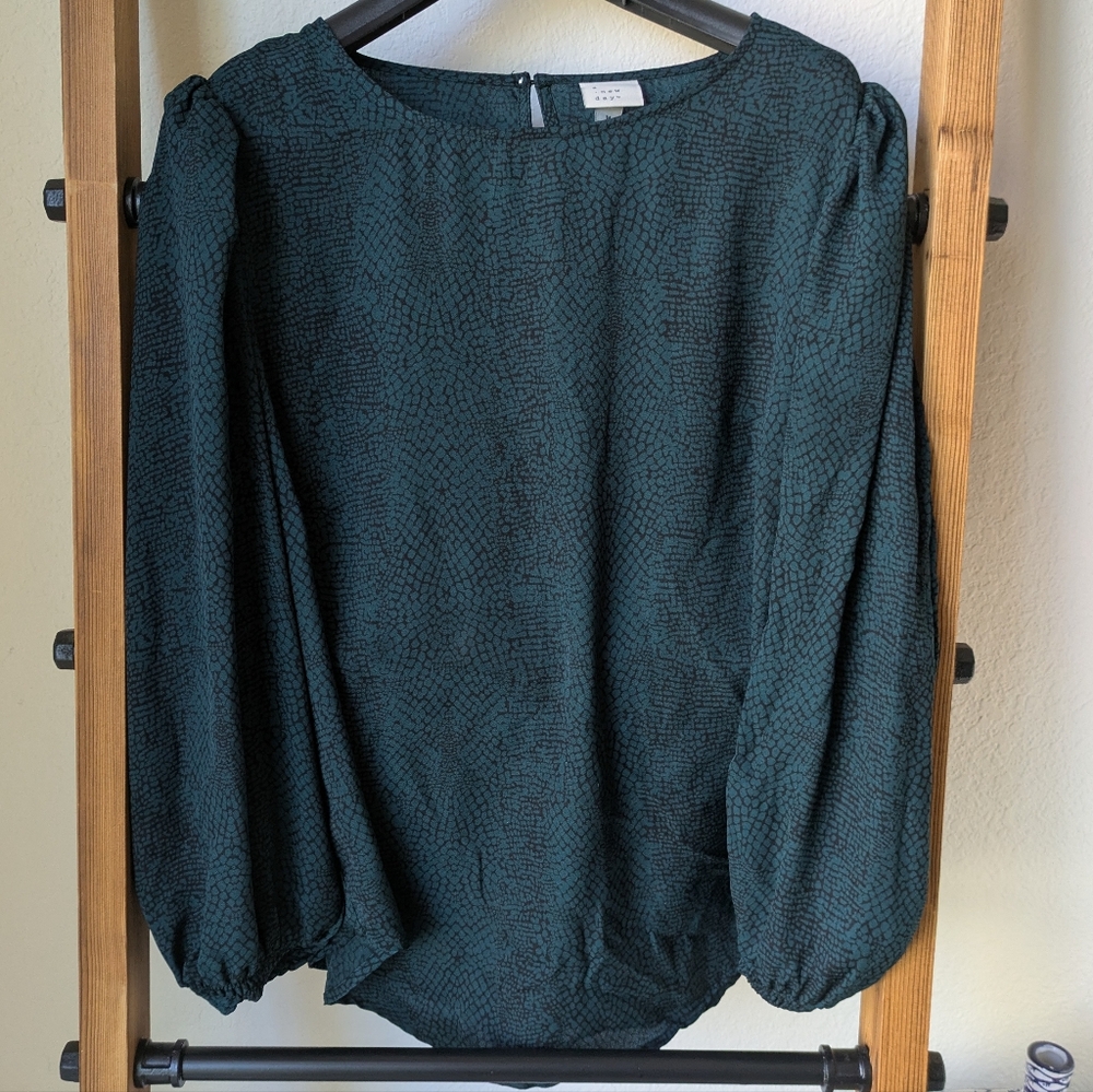 A New Day Women's Elegant Green Long Sleeve Blouse - Size M